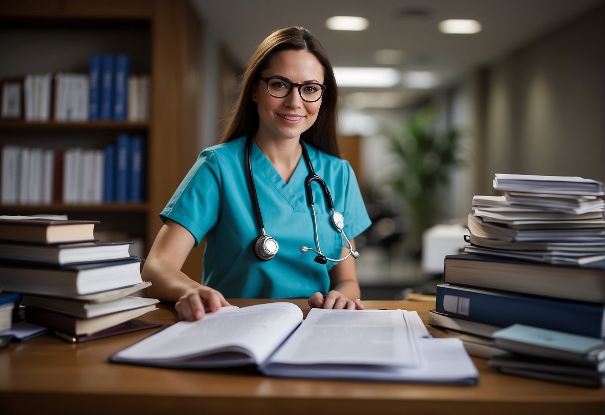 A nurse practitioner sits at a desk surrounded by medical textbooks and certification documents. A stethoscope and medical equipment are nearby