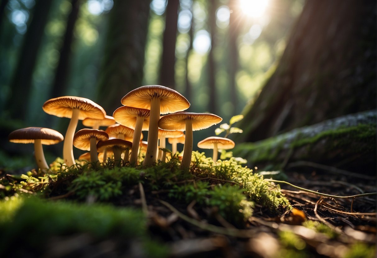 A serene forest clearing, sunlight filtering through the canopy onto a cluster of vibrant, medicinal mushrooms growing at the base of a tree