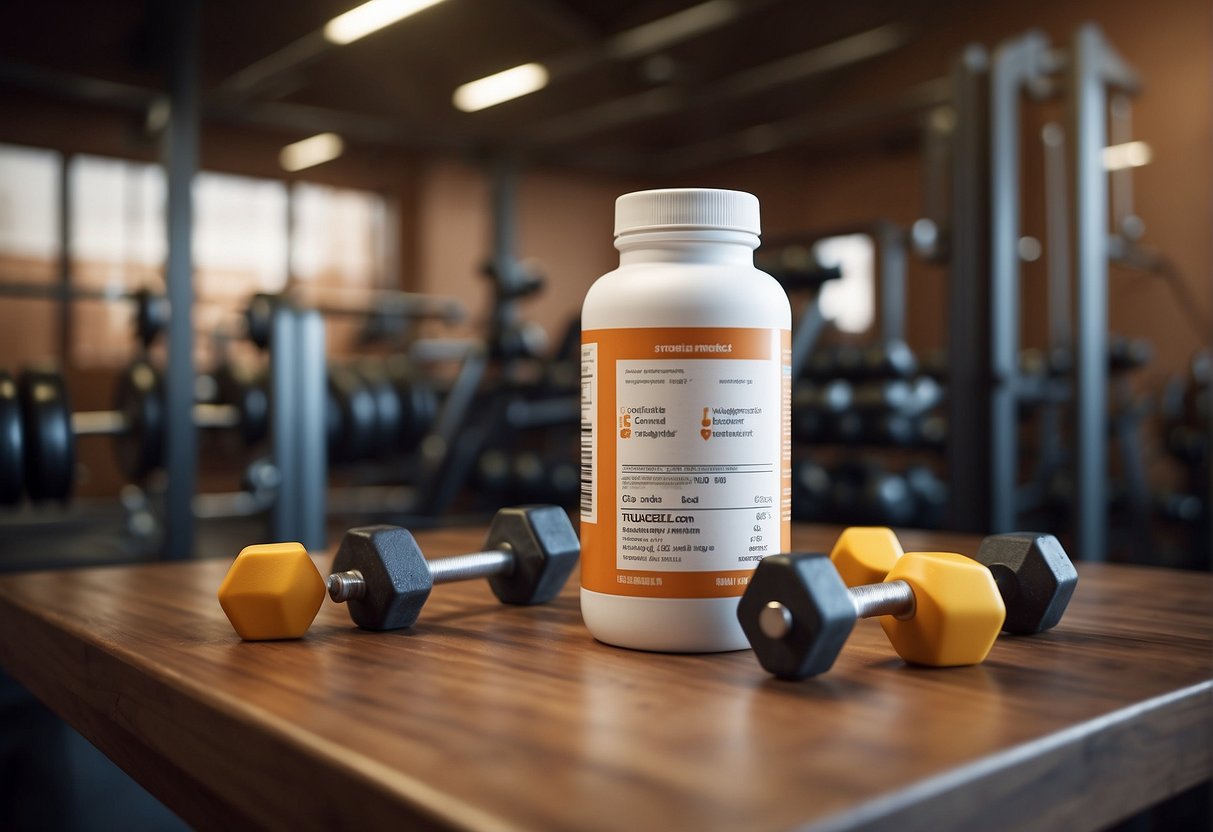 A bottle of supplements next to a weightlifting bench, with a diagram of gluteal muscles on the wall for reference