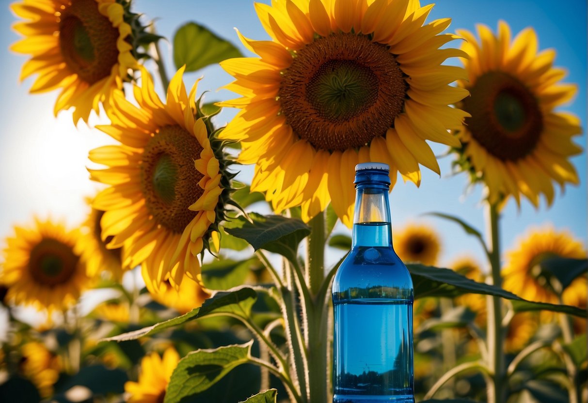 A vibrant field of sunflowers swaying in the breeze under a bright blue sky, with a bottle of Sucontral D nestled among the golden blooms