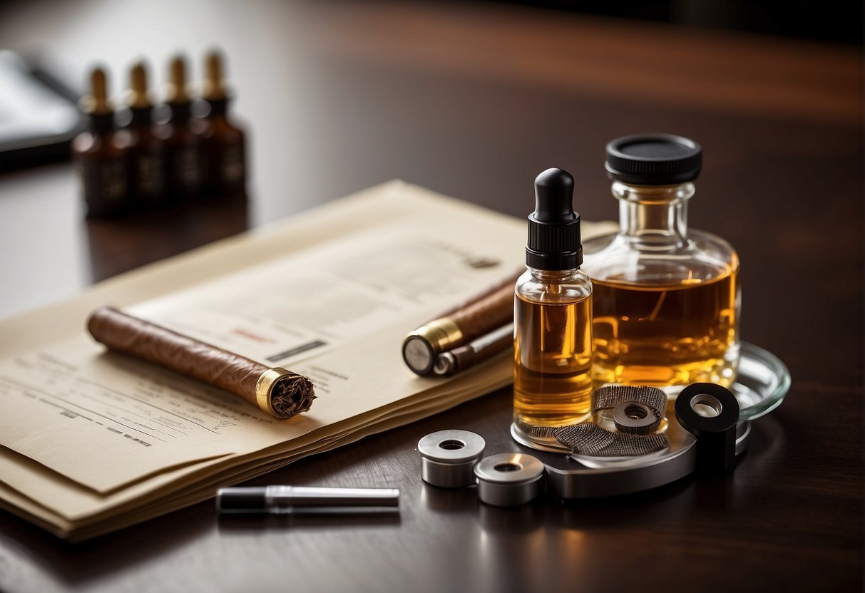 A table with cigars and a testosterone test kit