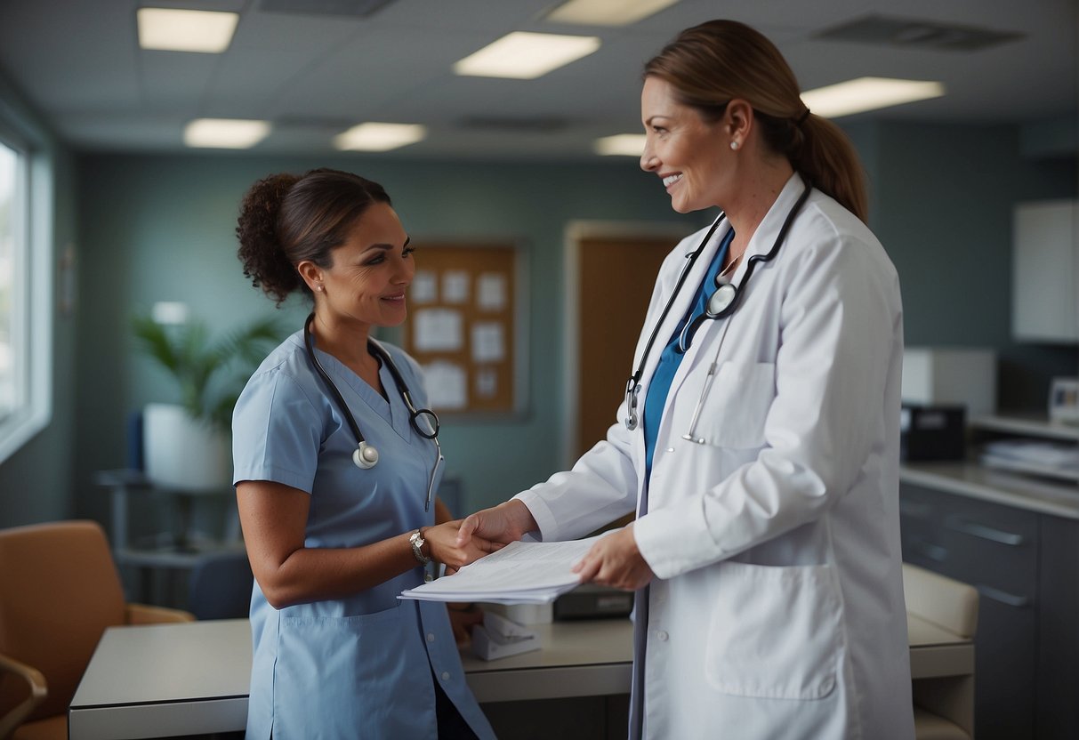 A nurse practitioner consults with a patient in a primary care setting, reviewing medical records and discussing treatment options