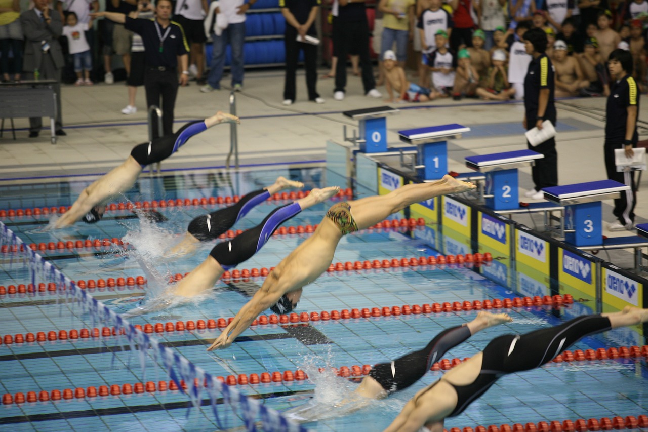 swimmers compete in the pool