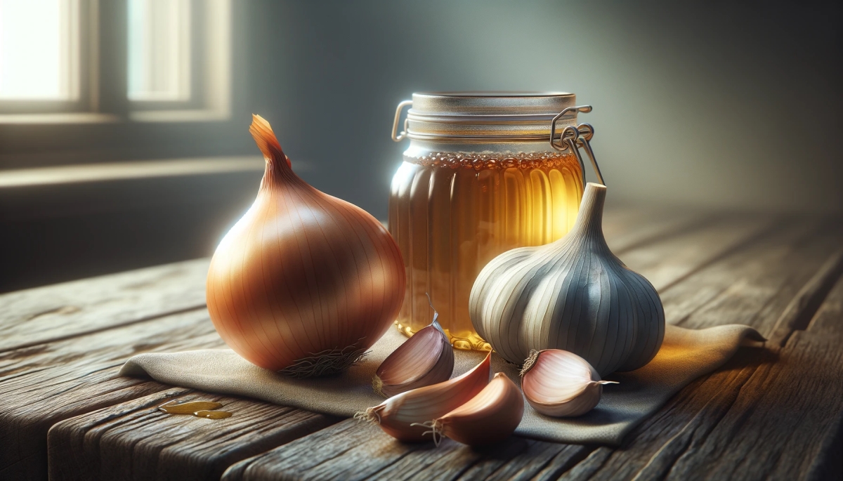 garlic onion and honey on table