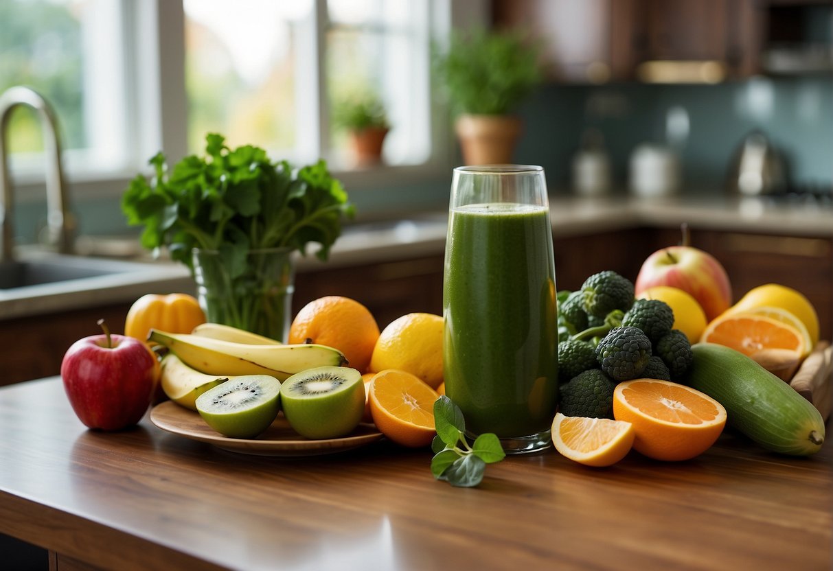 A colorful array of fresh fruits and vegetables, a glass of green smoothie, and a bottle of Health Benefits MediClear Plus on a kitchen counter