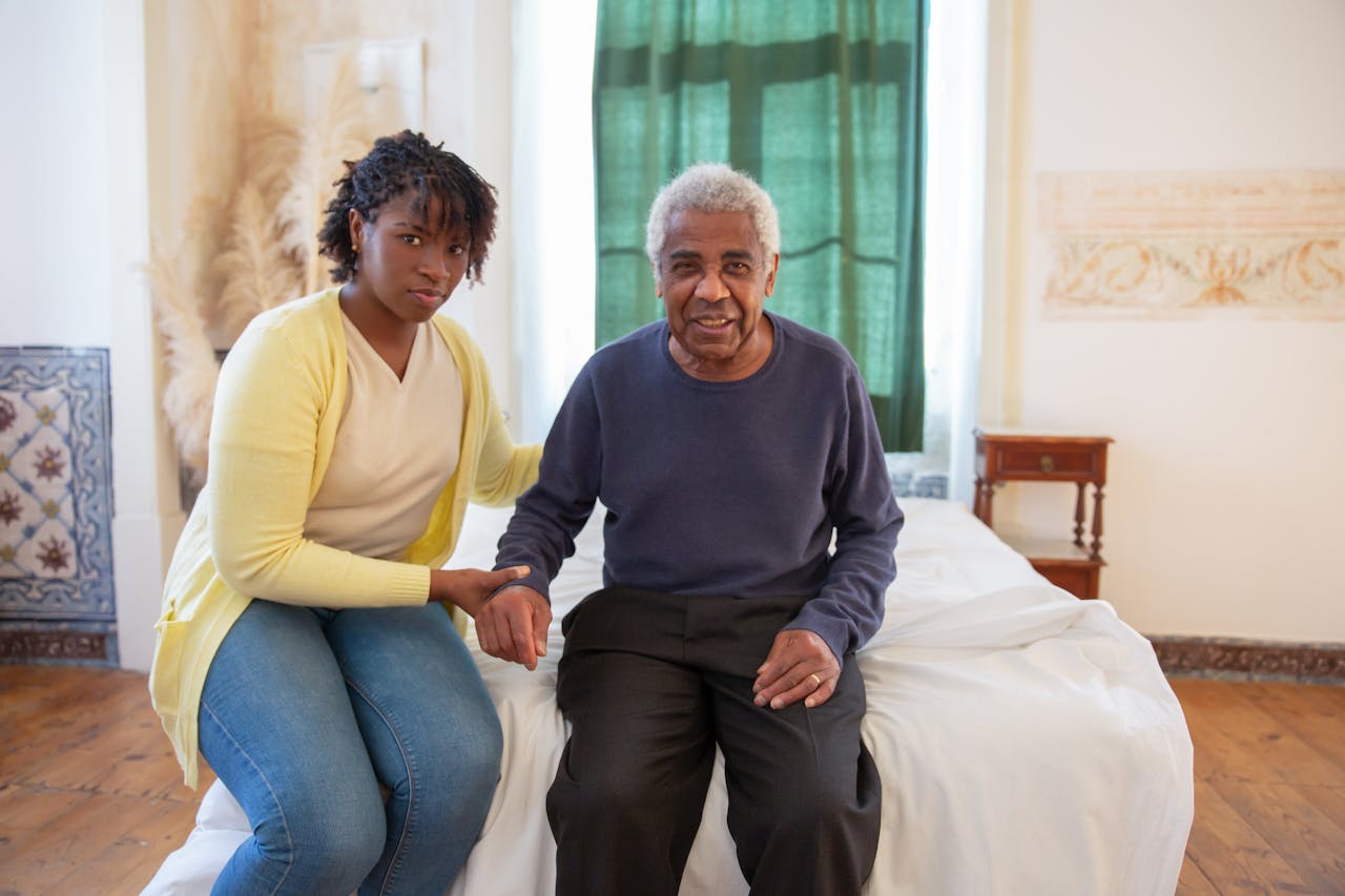 a daughter visiting her father who suffers from alzheimers